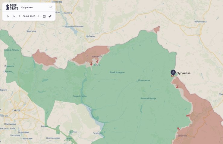 Карта фронту під Чугунівкою у Харківській області, 9 лютого