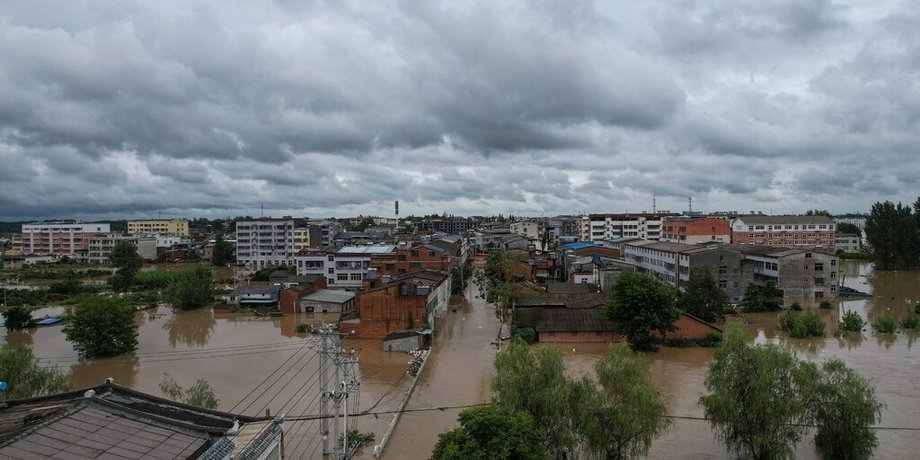 китай, наводнение, деревья, вода, дома