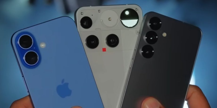 Флагманские смартфоны iPhone 16, Nothing Phone (3) и Galaxy S25 в руках