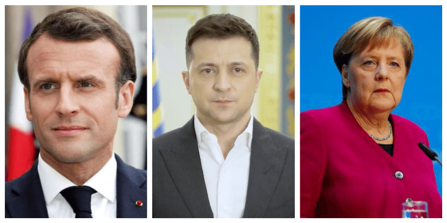 Эмманюэль Макрон, Владимир Зеленский, Ангела Меркель, встреча в Париже, эскалация на Донбассе