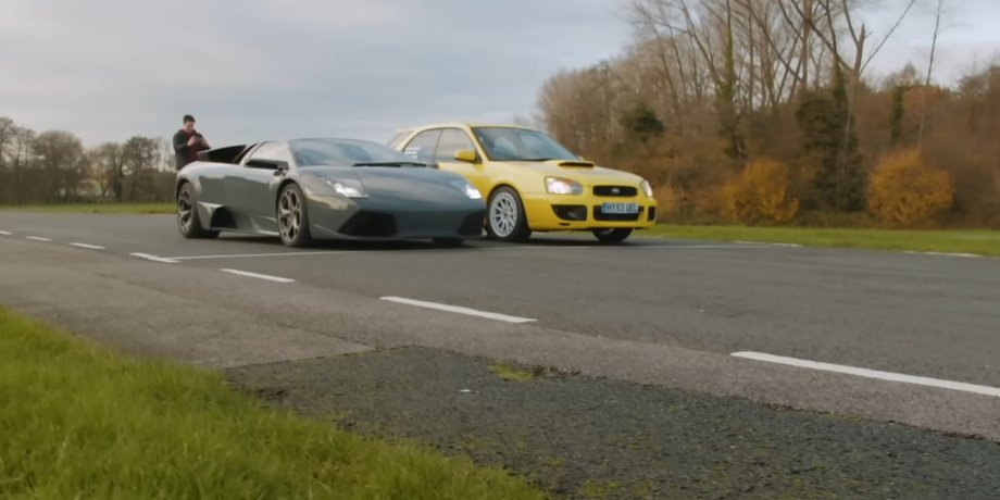 Тюнингованный Subaru Impreza столкнулся с Lamborghini Murcielago на треке