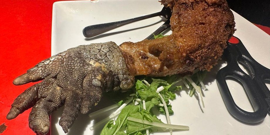 Запеченая нога аллигатора, крокодилье мясо, мясо из крокодила