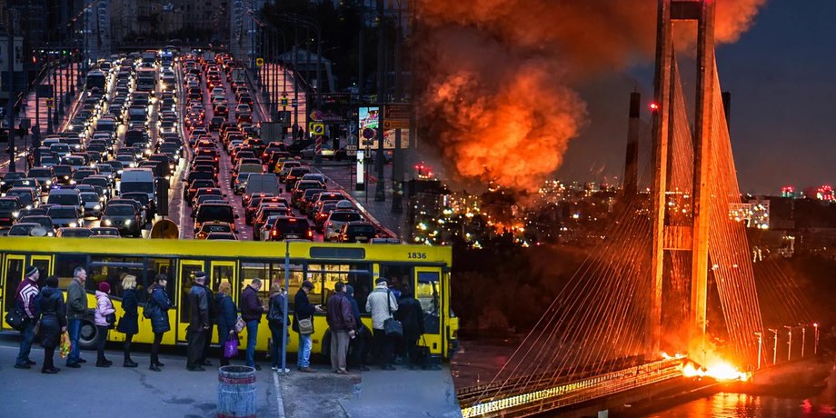 Мост через Днепр в Киеве после российских атак