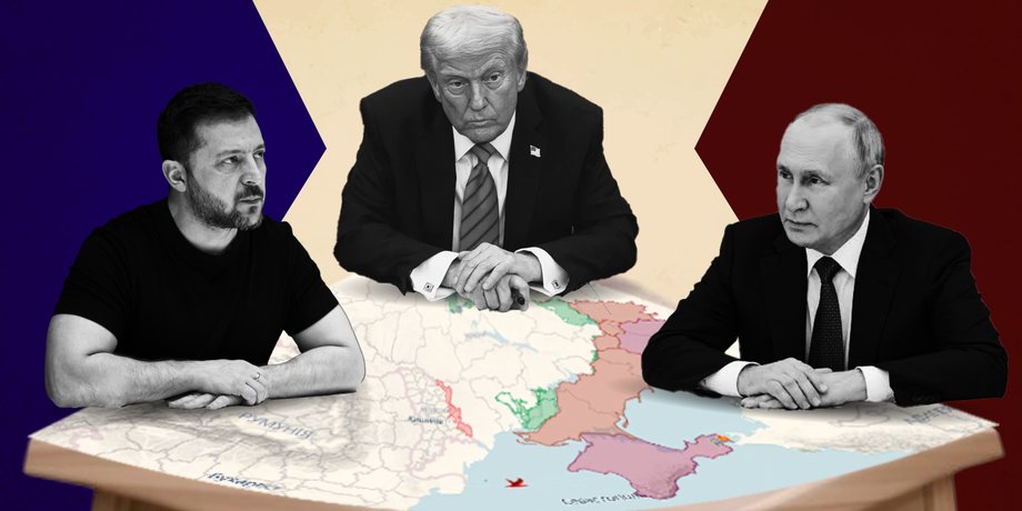 Колаж із Трампом, Зеленським і Путіним за столом переговорів