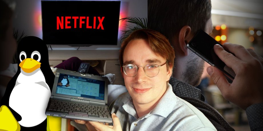 Линус Торвальдс с компьютером на Linux