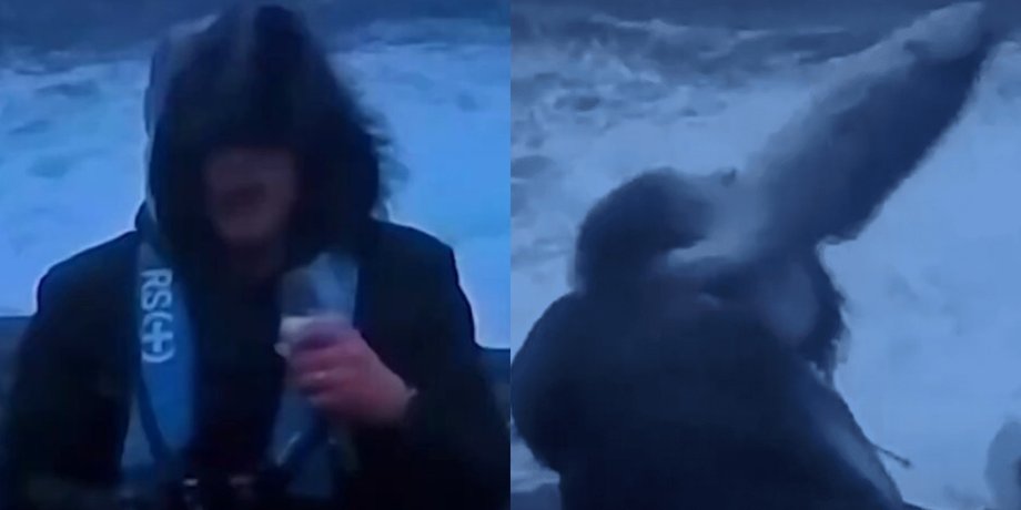 Сильный шторм, метеоролог, репортер, погода, ведущий, море, ударила рыба, сбил с ног, рыба, сильный ветер, оператор