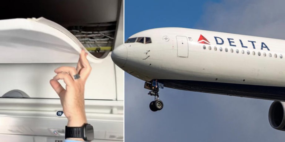 Самолет Delta, авария, часть потолка, пассажиры держат потолок, панель, неполадка в самолете, неполадки в воздухе,