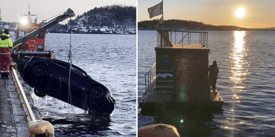 Машина слетела в воду, Tesla, плавучая сауна, сауна на воде, спасли людей, выбрались с салона, фьорд, упала в воду