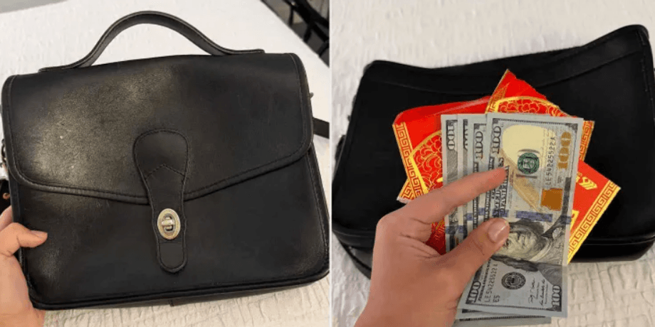 Девушка купила на распродаже сумку с красными конвертами Девушка нашла красные конверты с деньгами в сумке