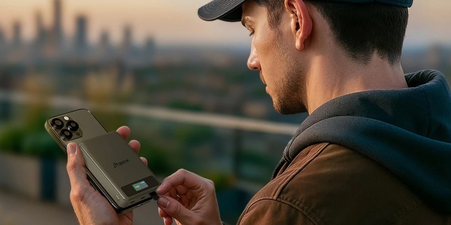 Чоловік заряджає iPhone павербанком BMX SolidSafe 5k з твердотілим акумулятором