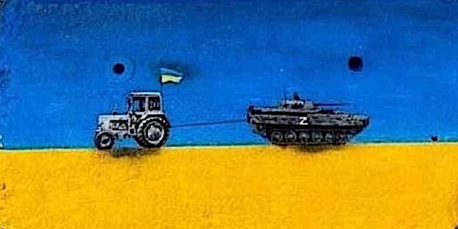 украинский трактор, украинские фермеры, трактор буксирует танк, интернет мем