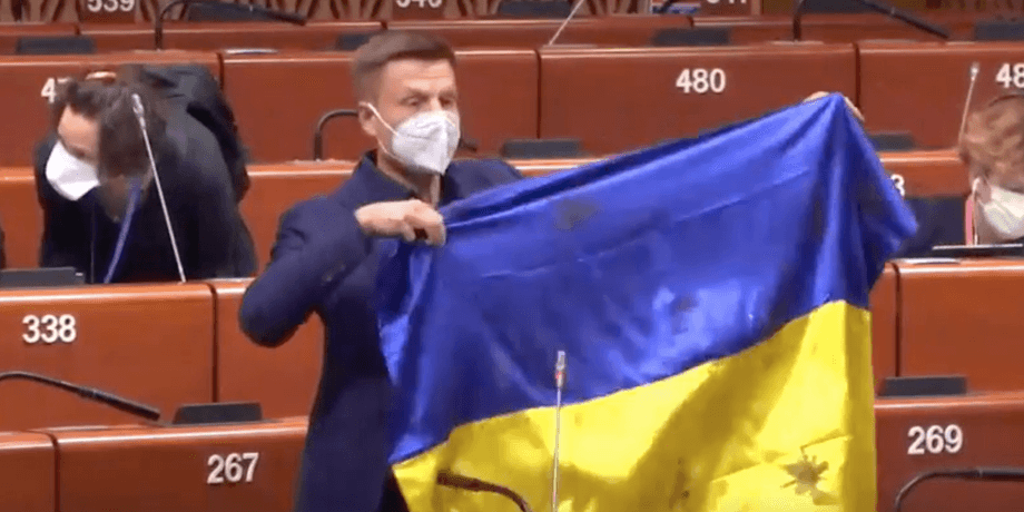 Алексей Гончаренко, заседание ПАСЕ, украинский флаг, российская агрессия
