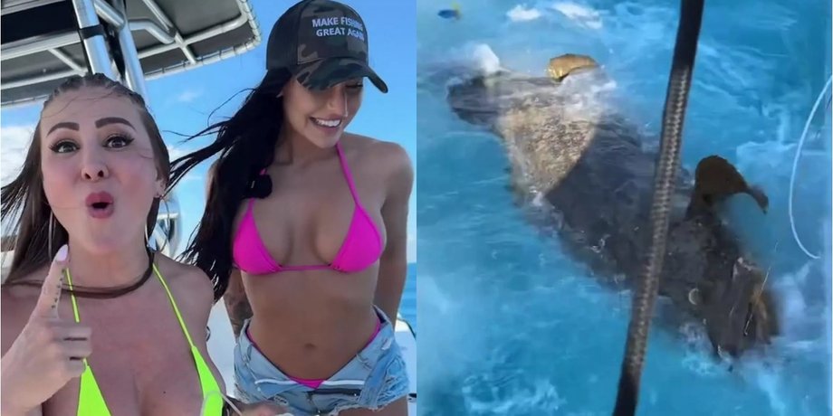 Модели поймали морское существо, Групер голиаф, модель Playboy, морское чудовище, может съесть акулу, модели в бикини