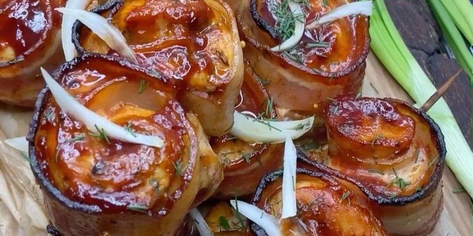 куриные шашлыки с беконом, шалыки в духовке