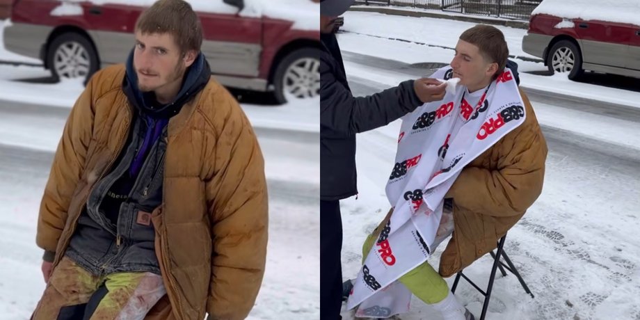 Стрижка бездомного, бездомный расплакался, акт доброты, парикмахер, помог бездомного, зимний день, помощь бездомным, соцсети