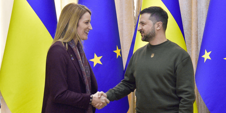 Роберта Метсола, Володимир Зеленський, прапор України, прапор Євросоюзу