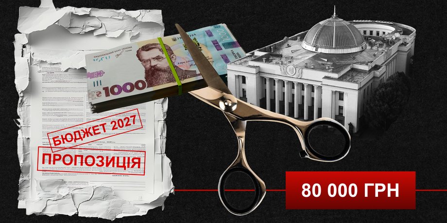 Коллаж: ножницы обрезают пачку гривен на фоне Верховной Рады, символизируя ограничение зарплат чиновников