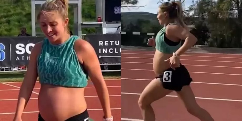 Спортсментка, девушка, женщина, беременная, спорт, забег, беговая дорожка