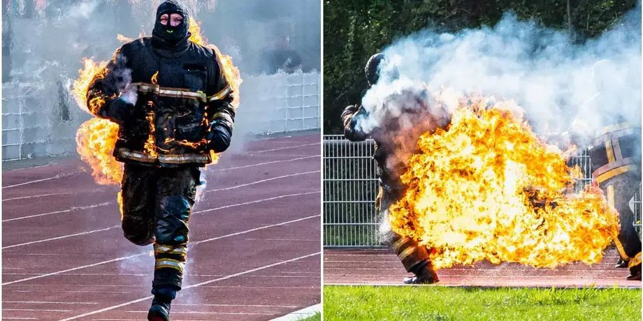 Чоловік горить, чоловік у вогні, спринт, біг, чоловік біжить у вогні, вогонь, пожежник, змагання, рекорд,