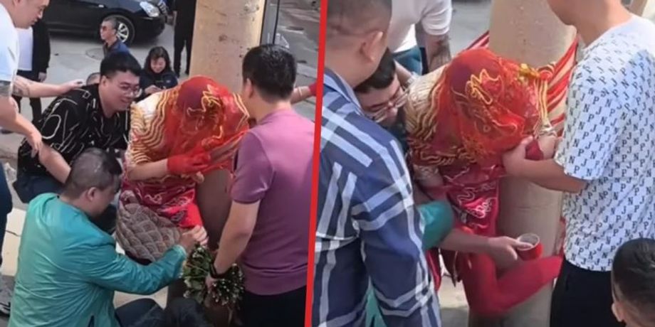Жених с друзьями привязал любимую к столбу, свадебные традиции в Китае, курьезы, скандал, брак, социальные сети