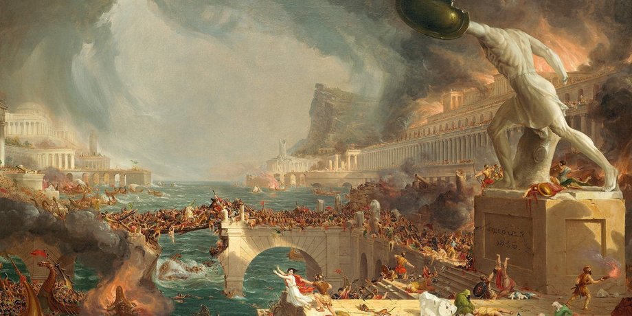 упадок цивилизации, город. огонь, картина, статуи