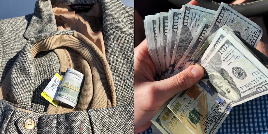 Купюры, спрятанные в кармане пиджака, мужчина держит $2000 наличными