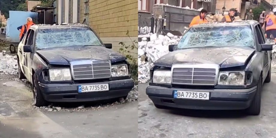 разгромленный автомобиль Mercedes-Benz W124 после атаки РФ в Киеве