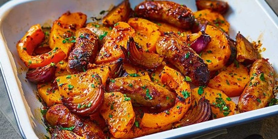 Запеченная тыква с колбасками, тыква рецепт