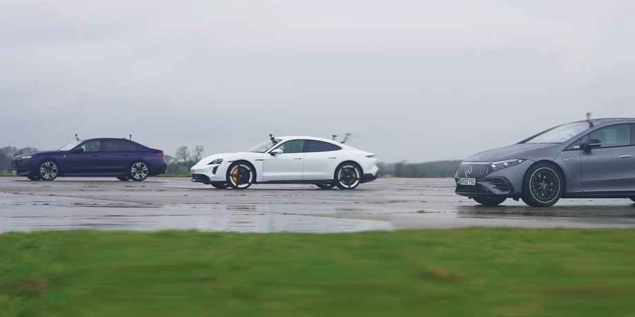 Авто, Автомобили, Mercedes-AMG EQS, BMW i7, Porsche Taycan, Электромобили, Гонки, Блогеры, Видео, Заезд