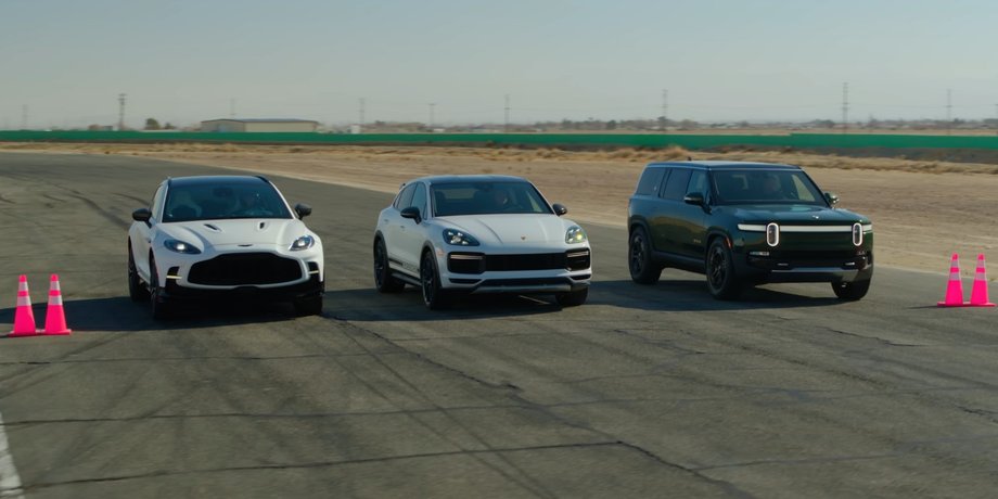 Porsche Cayenne Turbo GT, Aston Martin DBX707, Rivian R1S, Гонка, Заезд, Видео, Фото, Кроссоверы