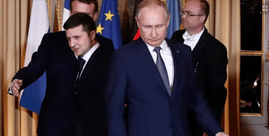 Владимир Зеленский и Владимир Путин во время встречи в нормандском формате