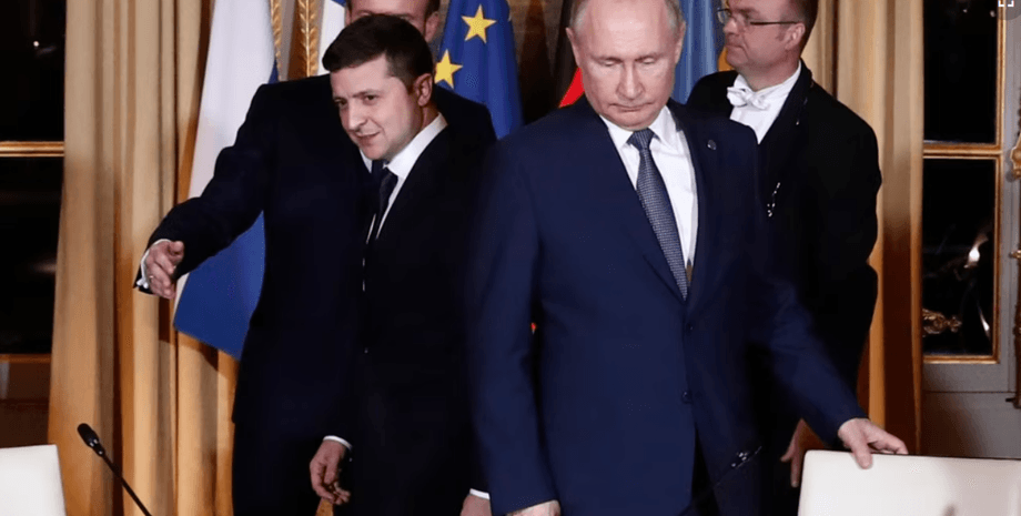 Володимир Зеленський і Володимир Путін під час зустрічі у нормандському форматі