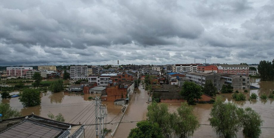 китай, повінь, дерева, вода, будинки