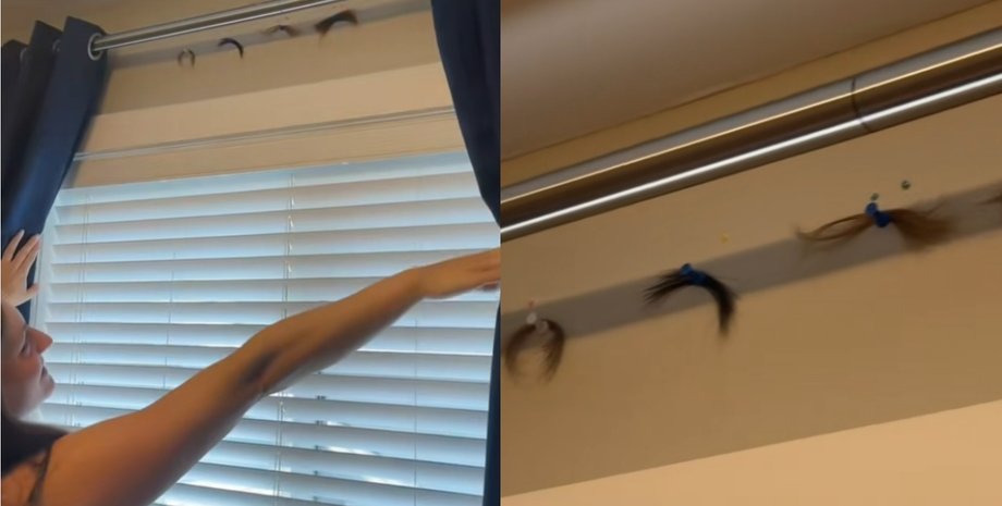 Женщина отдергивает шторы и показывает пряди волос, прикрепленные к стене в арендованном доме Airbnb в Канаде