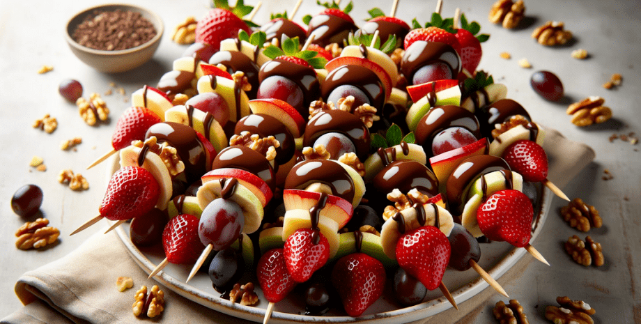 десерт десерт, фрукты, орехи, шоколад, еда, блюдо