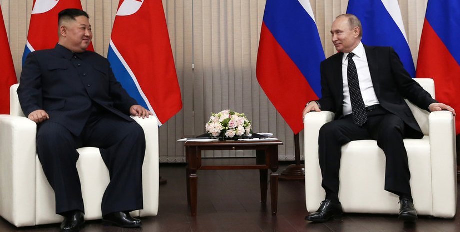 Владимир Путин, Ким Чен Ын, флаг РФ, флан КНДР