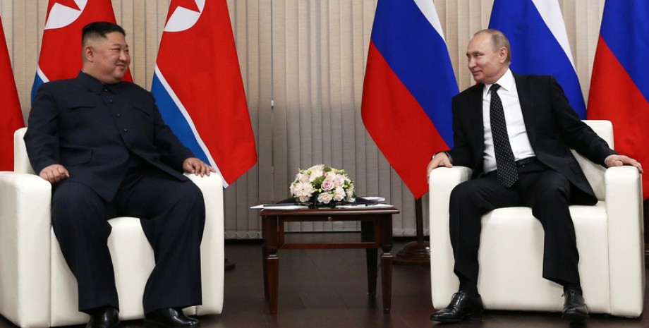 Владимир Путин, Ким Чен Ын, флаг РФ, флан КНДР