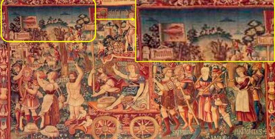 Гобелен «Тріумф літа» Старовинний гобелен, Тріумф літа, спостереження НЛО в історії, таємниці середньовічного мистецтва, історичні артефакти, стародавній символізм, божественний зв'язок у мистецтві, непізнані літаючі об'єкти