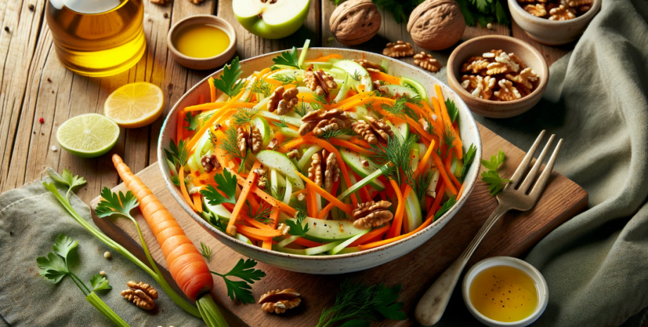 салат салат, морковь, орехи, масло, вилка, еда, закуска, блюдо