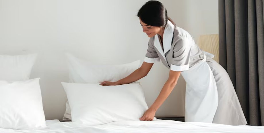 Сотрудница гостиницы аккуратно заправляет постель в номере