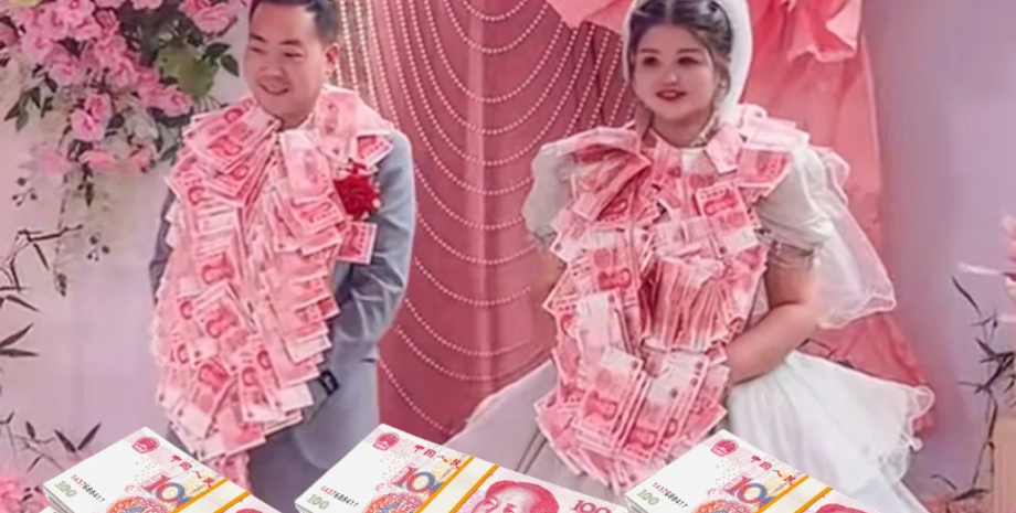 Молодоженов на свадьбе засыпали деньгами, гирлянды из денежных купюр, курьезы, подарок на свадьбу для молодоженов, фото, Китай