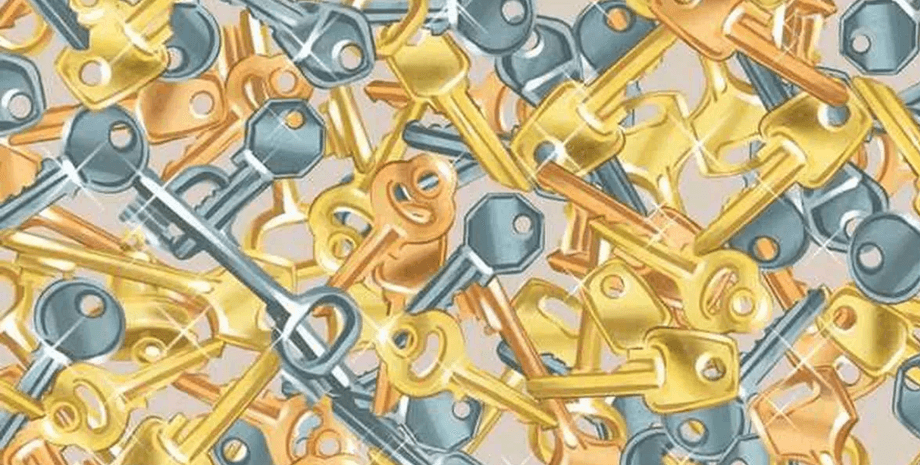 Визуальная головоломка, тест, задача, проверка зрения, проверка на внимательность, тренировка памяти, ключ, колокольчик, колокольчик среди ключей