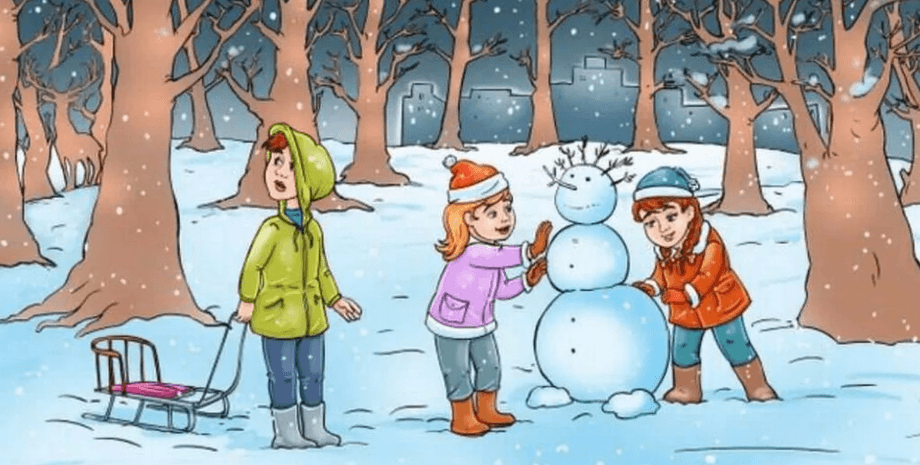 Визуальная головоломка, головоломка, тест, задачка, внимание к деталям, проверка зрения, проверка внимательности, олень, дети, зимний лес