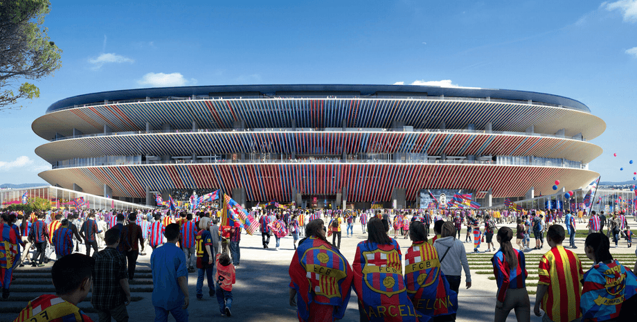 Визуализация нового стадиона Camp Nou в Барселоне, болельщики идут к арене