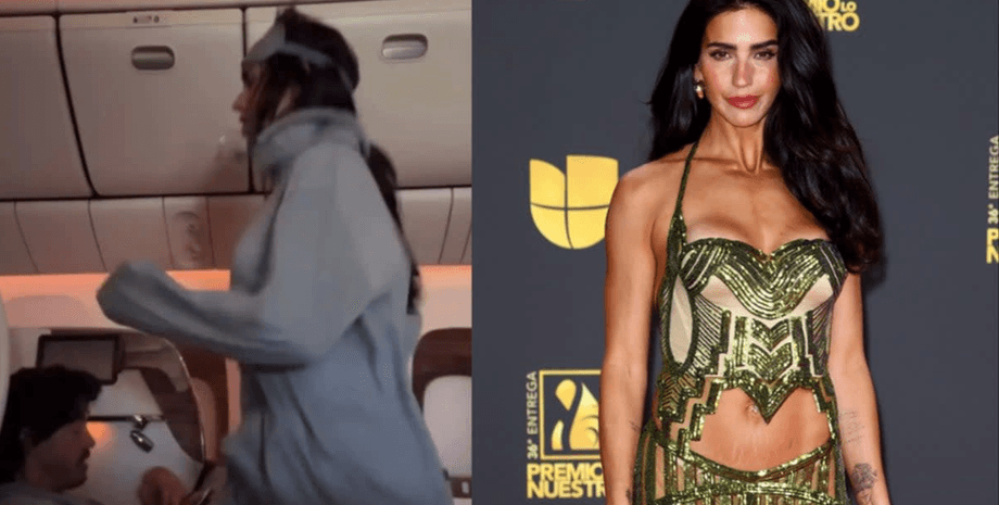 Тренировка в самолете, актриса, решила заняться спортом в самолете, тренировка в полете, мексиканская актриса, личный спортзал