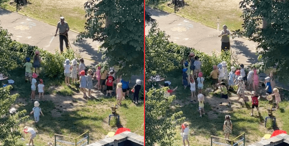 Кадры из популярного видео, где украинский дедушка обливает водой радостных детей