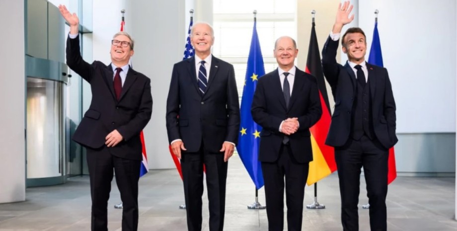 Джо Байден, Емманюель Макрон, Олаф Шольц, Кір Страмер Джо Байден, Емманюель Макрон, Олаф Шольц, Кір Страмер, США Україна в НАТО, Франція і НАТО, Німеччина Україна НАТО, Британія НАТО