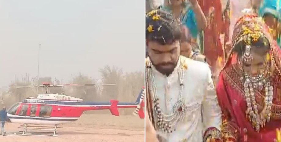 Мужчина прилетел за невестой на вертолете, вертолет на свадьбе, праздник для всей деревни, необычная свадьба, улетели на вертолете