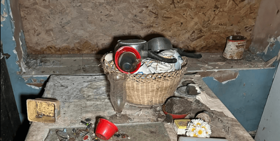 заброшенный дом, корзинка, посуда, стол