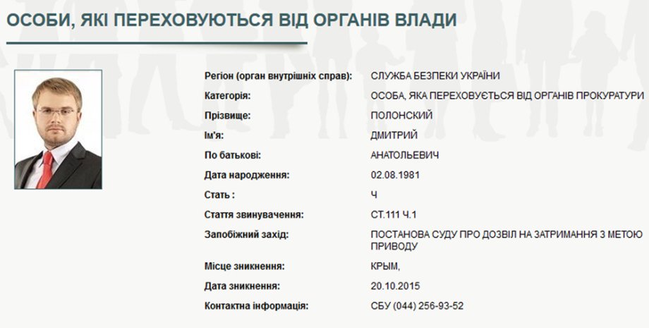 Карточка Дмитрия Полонского на веб-сайте МВД